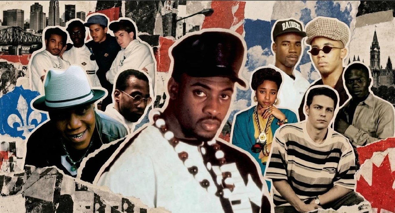 Torn-paper collage of early Canadian hip-hop artists, radio and Toronto imagery