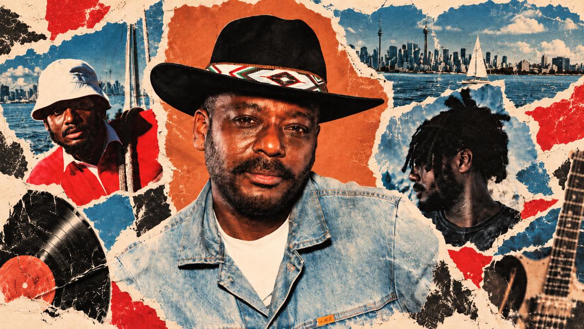 k-os wearing a black wide-brim hat and denim jacket, framed by two earlier portraits in Northern Dial torn-paper collage art