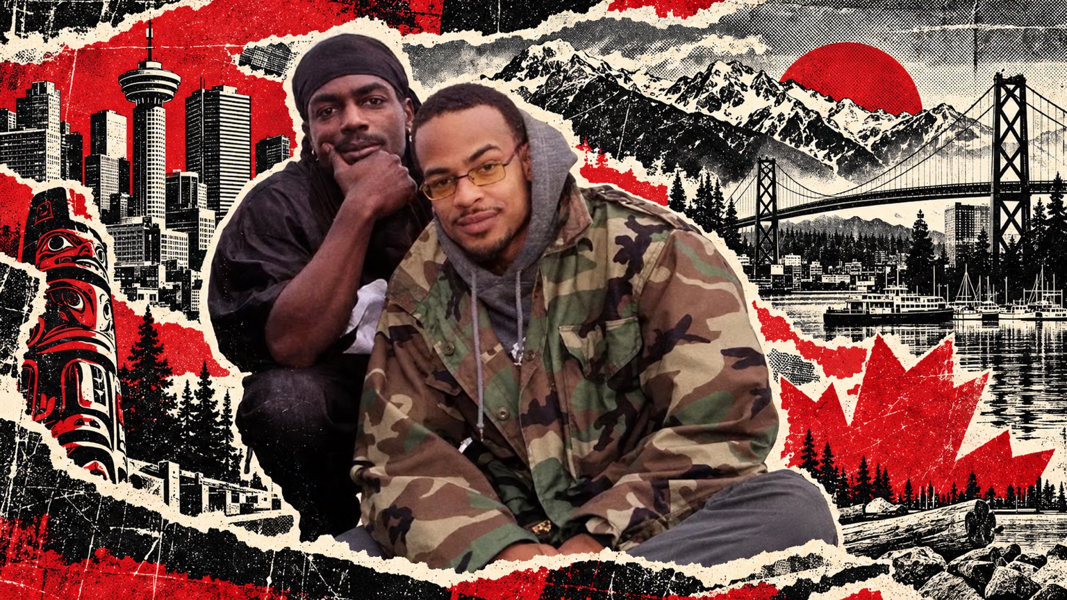 Two hip-hop artists in a red, black and cream Northern Dial collage featuring Vancouver landmarks